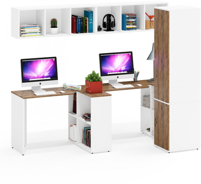 Лидер-8 Стол + Полка + Стол + Полка + Пенал МД 23Б, цвет белый шагрень/крафт золото, ШхГхВ 370х50х75/190 или 230х120/50х75/190 см., НЕ ун. сборка