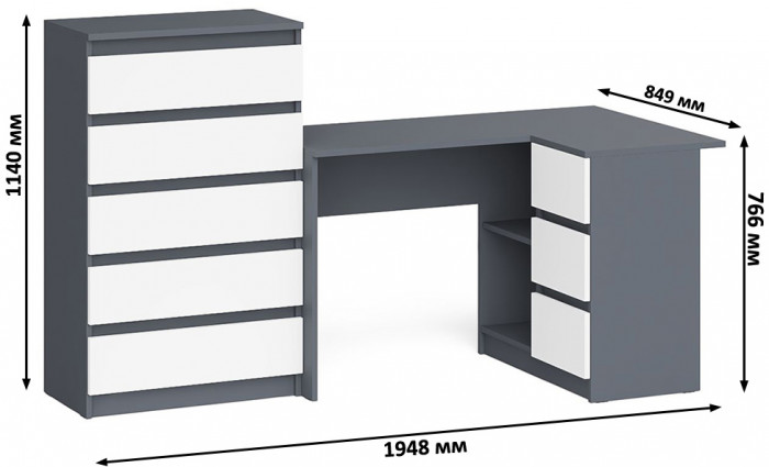 Мори Стол компьютерный МС-16 правый + Комод МК700.5, цвет графит/белый, ШхГхВ 194,8х84,9х114 см., выдвижные ящики справа, НЕ универсальная сборка