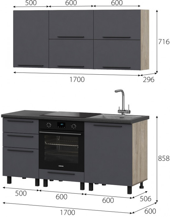 Кухня Этна 1.7 м. Комплект 2, софт графит гиза