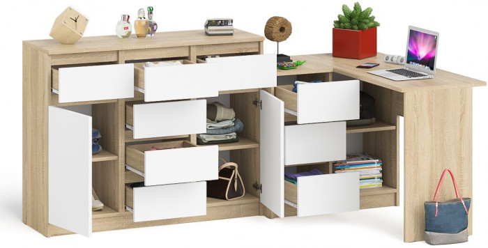 Мори компьютерный стол МС-16 левый + Комод МК1200.4, дуб сонома/белый