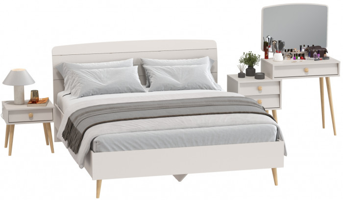 Афина Спальня Кровать 1600 + Трюмо + Тумба, цвет кашемир серый, ШхГхВ 164,6х210,2х95,6 + 105х38,6х129 + 45х37х45 см., 1600х2000 мм., б/м, осн. есть