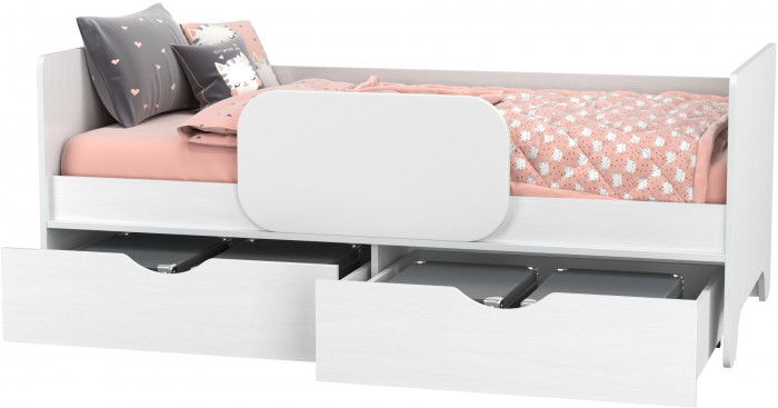 КР100 Уна 11.22 Кровать с ящиками, цвет белый(структура Поры дерева), ШхГхВ 163,8х87,6х65,3 см., 800х1600 мм., б/м, осн. есть, съёмный бортик