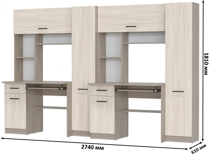 Два стола рабочих 6-0603 Альфа + два кресла 103 чёрных, цвет ясень шимо светлый, ШхГхВ 274х61х181 см., универсальная сборка