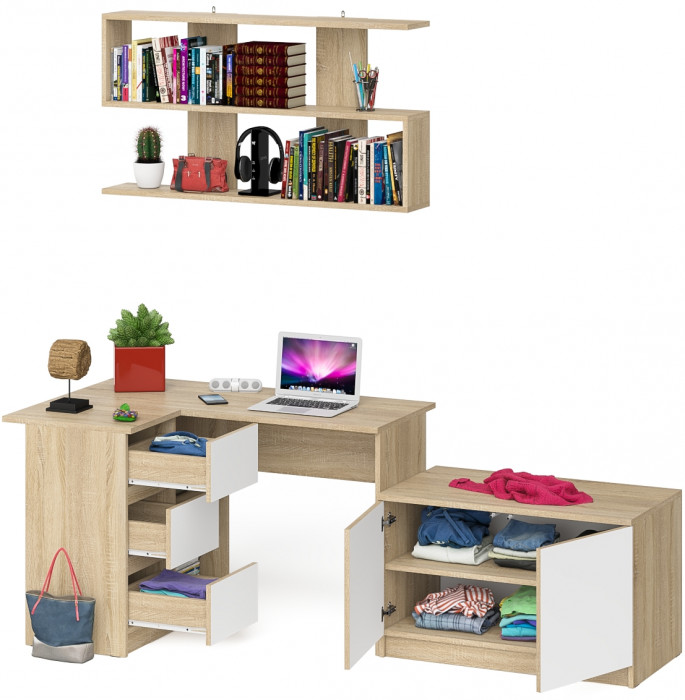 Мори Стол компьютерный МС-16 левый + Тумба МА900.1 + Полка 1200, цвет дуб сонома/белый, ШхГхВ 214,8х84,9х209,6 см., НЕ универсальная сборка
