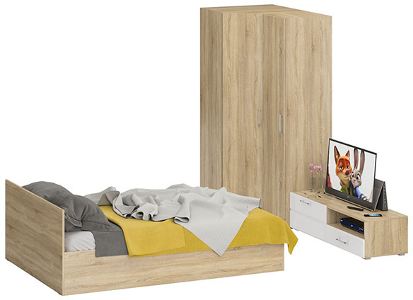 Спальня Стандарт 4-1400, дуб сонома/фасады ТВ тумбы МДФ белый глянец