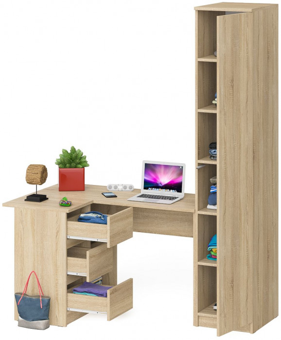 Мори компьютерный стол МС-16 левый + Пенал МШ400.1, дуб сонома