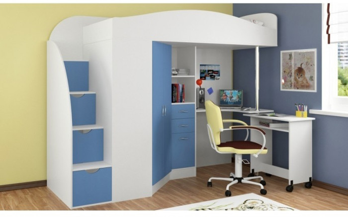 Детская кровать-чердак Теремок-1 Гранд,  Белый / Голубой