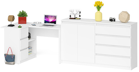 Мори Стол компьютерный МС-16 левый + Комод МК1600.1, цвет белый, ШхГхВ 284,8х84,9х94 см., выдвижные ящики слева, НЕ универсальная сборка