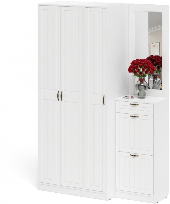 Прихожая П-6 Компоновка № 49, белая шагрень/фасады МДФ белое дерево фрезеровка прованс