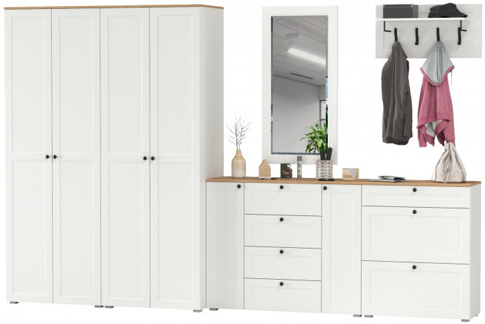 Остин Прихожая 60, цвет белый шагрень/дуб крафт золотой, ШхГхВ 360х54,3х229,6 см., универсальная сборка