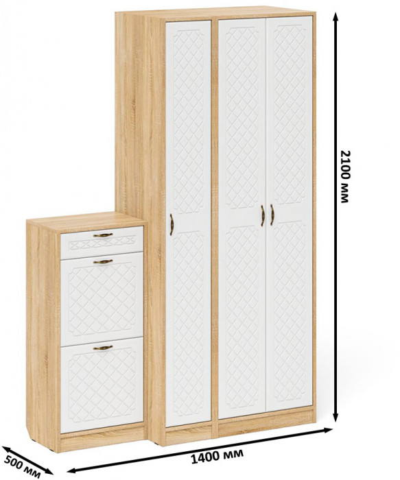 Прихожая П-6 Компоновка № 48, цвет дуб сонома/фасады МДФ белое дерево фрезеровка ромб, ШхГхВ 140х50х210 см., универсальная сборка