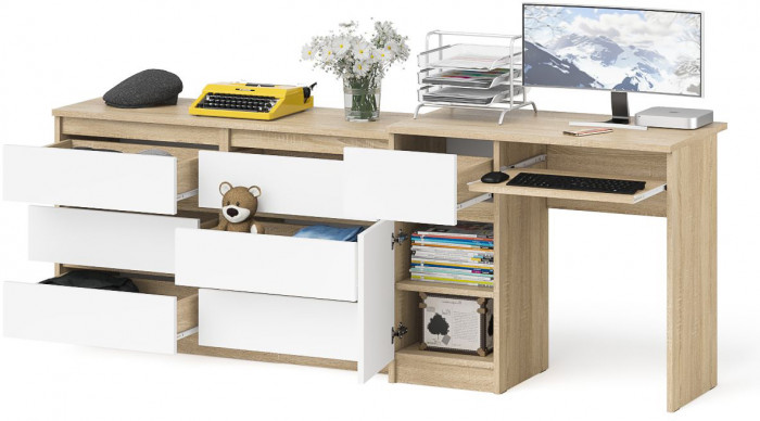 Мори компьютерный стол МС-1 левый + Комод МК1200.6, дуб сонома/белый