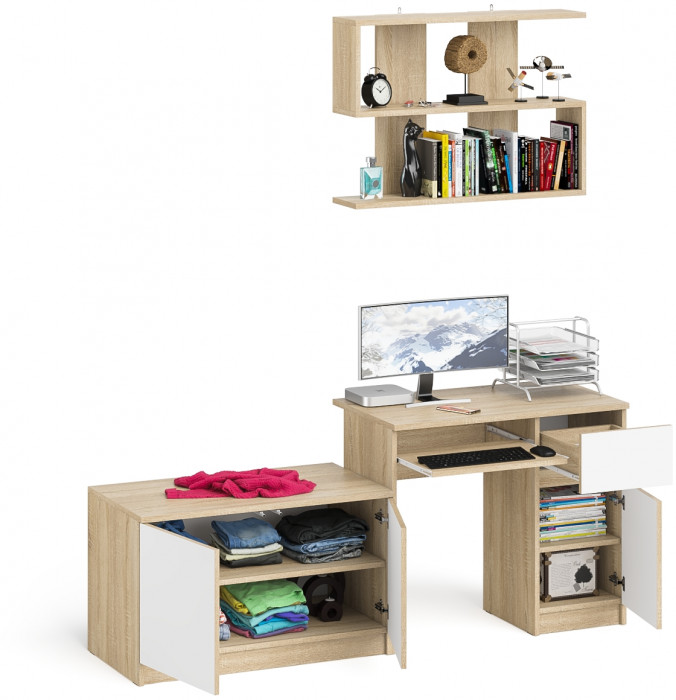 Мори компьютерный стол МС-1 правый + Тумба МА900.1 + Полка 900, дуб сонома/белый