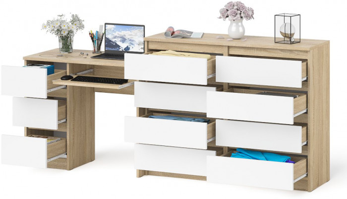 Мори компьютерный стол МС-6 левый + Комод МК1200.8, дуб сонома/белый