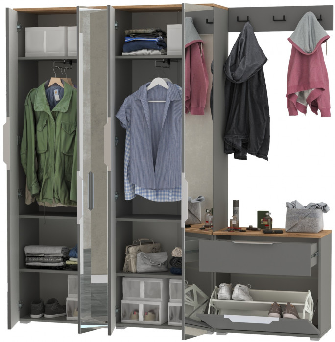 Октава Прихожая 26, цвет серый графит/дуб крафт золотой/фасады МДФ серый графит, ШхГхВ 193,7х35,4х197,6 см., универсальная сборка