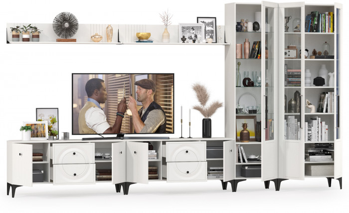 Валенсия Гостиная № 086, цвет ЛДСП белый шагрень/МДФ белый шагрень, ШхГхВ 405,3х38,3х225,2 см., универсальная сборка