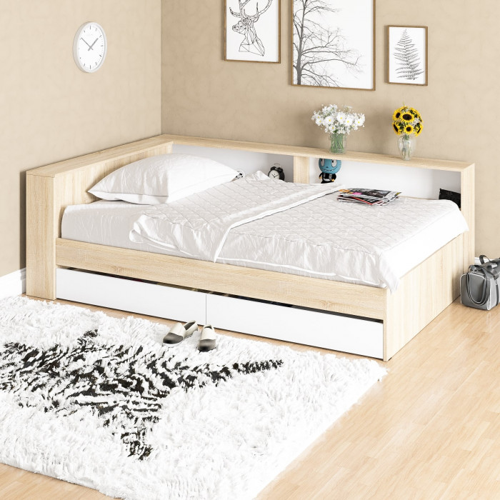 Ксения Кровать с ящиками 1200 + прикроватный блок, дуб сонома/белый