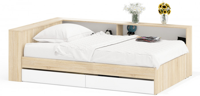 Ксения Кровать с ящиками 1200 + прикроватный блок, дуб сонома/белый
