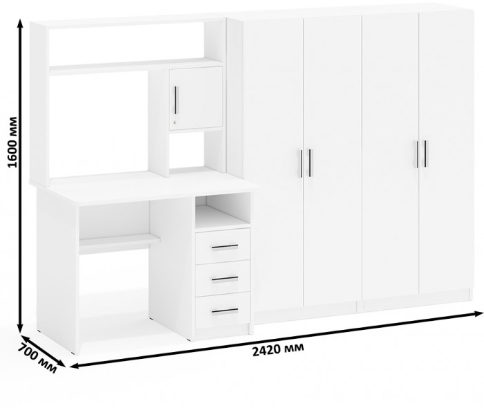 С-МД-СК9 Компоновка № 01, цвет белый шагрень, ШхГхВ 242х70х160 см., НЕ универсальная сборка
