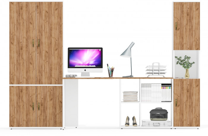 Лидер-8 Шкаф МД 20Б + Стол + Пенал, белый шагрень/крафт золото