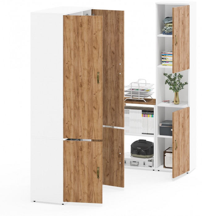 Лидер-8 Шкаф МД 20Б + Стол + Пенал, белый шагрень/крафт золото