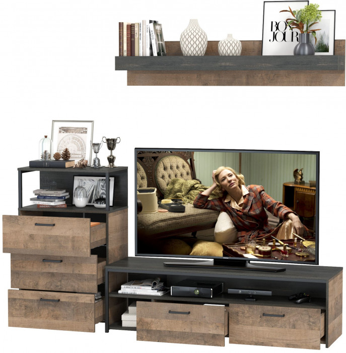 Трувор 13.70 Тумба под ТВ + 13.307.02 Комод с ящиками + 15.60 Полка, цвет дуб гранж песочный/интра, ШхГхВ 215,8х45,4х195 см., универсальная сборка