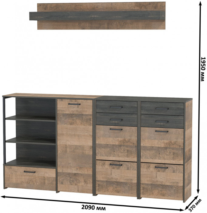 Трувор Прихожая 173, цвет дуб гранж песочный/интра, ШхГхВ 209х37х195 см., универсальная сборка