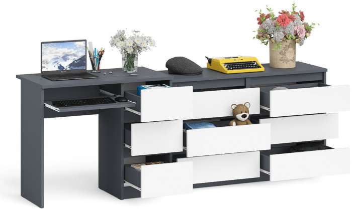 Мори компьютерный стол МС-6 правый + Комод МК1200.6, графит/белый