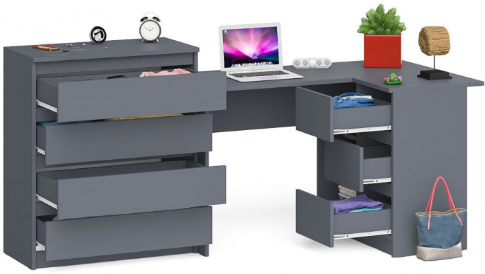 Мори Стол компьютерный МС-16 правый + Комод МК800.4, цвет графит, ШхГхВ 204,8х84,9х94 см., выдвижные ящики справа, НЕ универсальная сборка