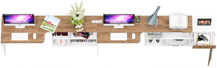 Лидер-8 Стол + Стол + Тумба МД 3.15, цвет белый шагрень/крафт золото, ШхГхВ 370х50/30х75 см. или 230х50/120х75 см., НЕ универсальная сборка