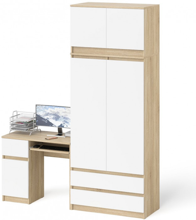 Мори Стол компьютерный МС-1 левый + Шкаф МШ900.1 + Антресоль МА900.1, цвет дуб сонома/белый, ШхГхВ 180,4х50,4х234,2 см., выдвиж. ящ. слева, НЕ ун. сб.