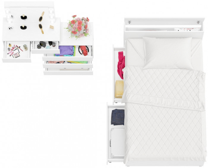Ксения Кровать с ящиками 1200 + Стол косметический с подсветкой 110, белый
