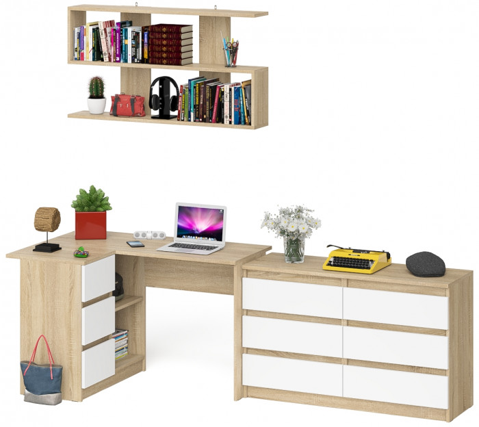 Мори компьютерный стол МС-16 левый + Комод МК1200.6 + Полка 1200, дуб сонома/белый