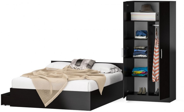 Кровать с ящиками 1600 + Шкаф 2-х створчатый Стандарт, цвет венге, ШхГхВ 163,5х203,5х70 + 90х52х200 см., сп.м. 1600х2000 мм., б/м, основание есть