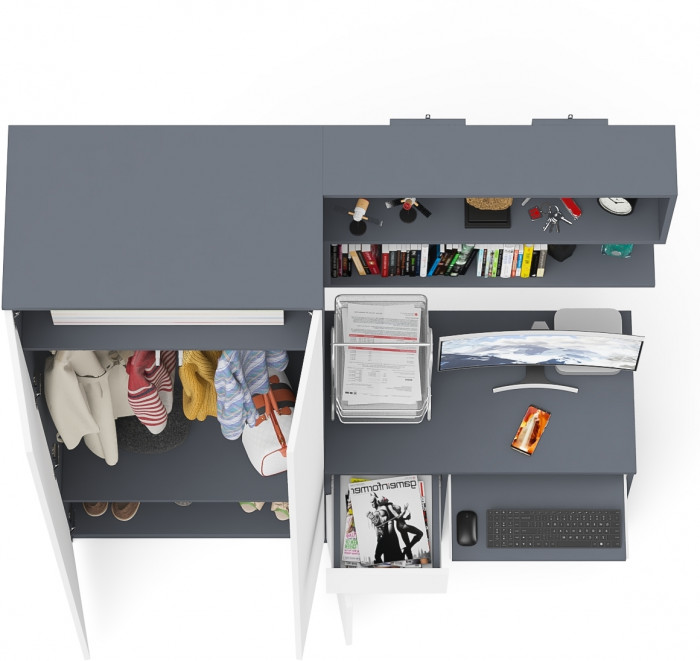 Мори Стол компьютерный МС-1 левый + Шкаф МШ800.1 + Полка 900, цвет графит/белый, ШхГхВ 170,4х50,4х209,6 см., НЕ универсальная сборка