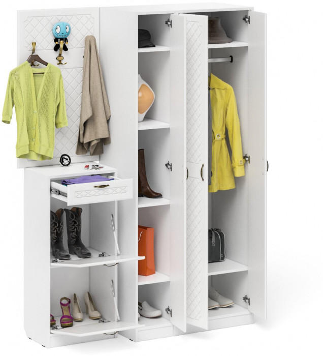 Прихожая П-6 Компоновка № 50, цвет белая шагрень/фасады МДФ белое дерево фрезеровка ромб, ШхГхВ 150х50х210 см., универсальная сборка