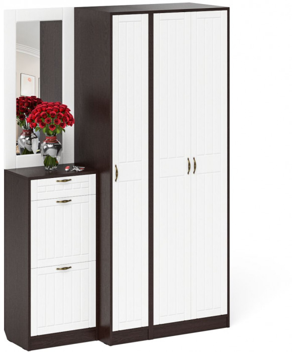 Прихожая П-6 Компоновка № 49, венге/фасады МДФ белое дерево фрезеровка прованс