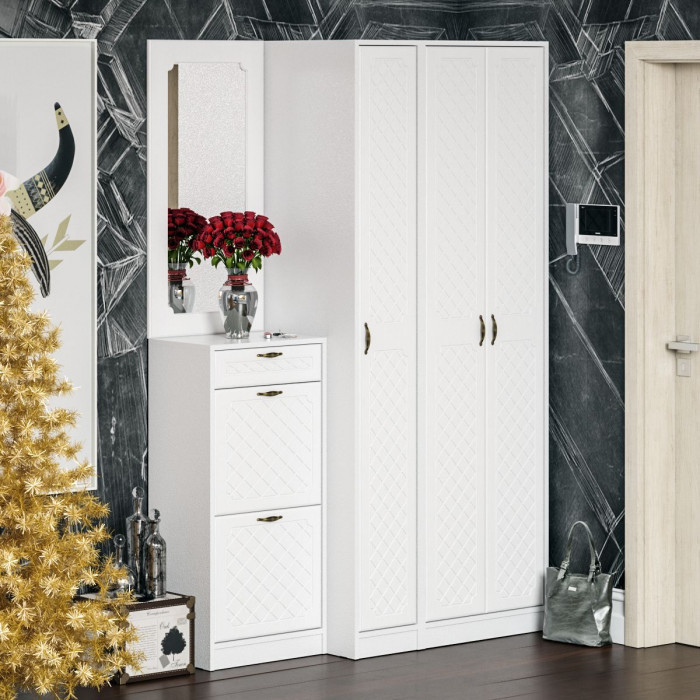 Прихожая П-6 Компоновка № 49, цвет белая шагрень/фасады МДФ белое дерево фрезеровка ромб, ШхГхВ 140х50х210 см., универсальная сборка