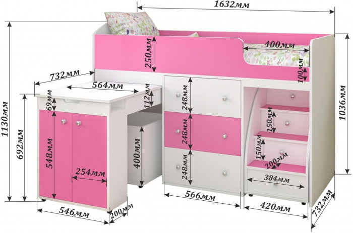 Кровать-чердак Малыш 70х160 (розовый)