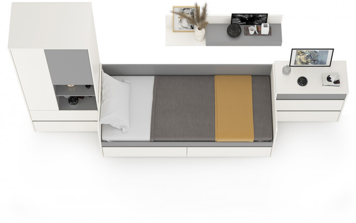 Торонто Компоновка № 19, цвет белый шагрень/стальной серый, ШхГхВ 354х84,4х195,7 см., сп. м. 800х1900 мм., б/м, основание есть, универсальная сборка