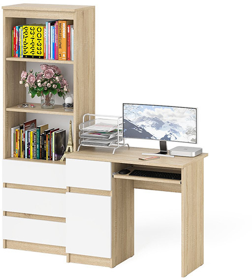 Мори компьютерный стол МС-1 левый + Стеллаж МСТ600.3, дуб сонома/белый
