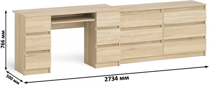 Мори Стол компьютерный МС-2 + Комод МК1380.6, цвет дуб сонома, ШхГхВ 273,4х50х76,6 см., универсальная сборка