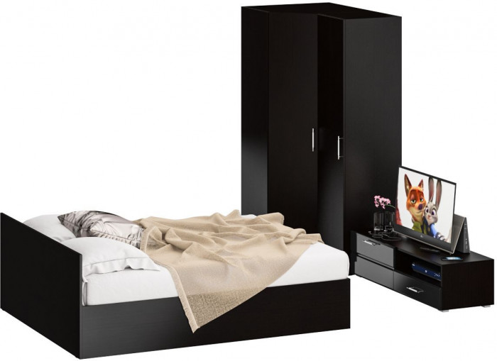 Спальня Стандарт 4-1600, венге/фасады ТВ тумбы МДФ чёрный глянец