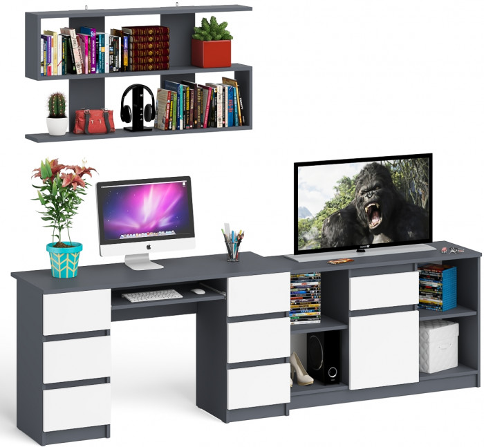 Мори компьютерный стол МС-2 + Тумба МТВ1204.1 + Полка 1200, графит/белый