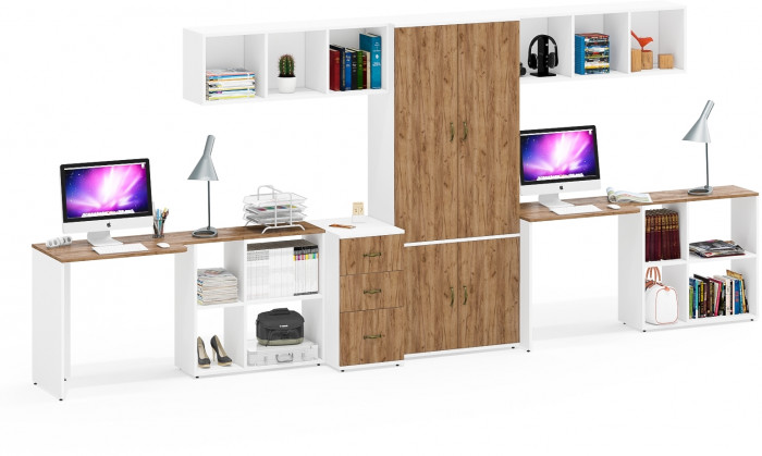 Лидер-8 Стол + Полка + Стол + Полка + Шкаф МД 20Б + Тумба МД 3.16, цвет белый шагрень/крафт золото, 450х50х75/190 или 230х200/50х75/190, НЕ ун. сб.