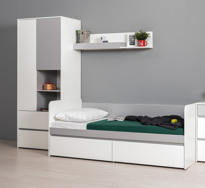 Торонто Компоновка № 20, цвет белый шагрень/стальной серый, ШхГхВ 274х84,4х195,7 см., сп. м. 800х1900 мм., б/м, основание есть, универсальная сборка