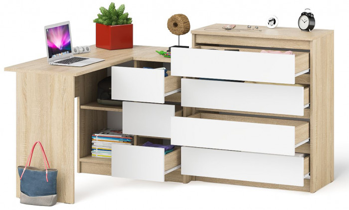 Мори Стол компьютерный МС-16 правый + Комод МК800.4, цвет дуб сонома/белый, ШхГхВ 204,8х84,9х94 см., выдвижные ящики справа, НЕ универс. сборка