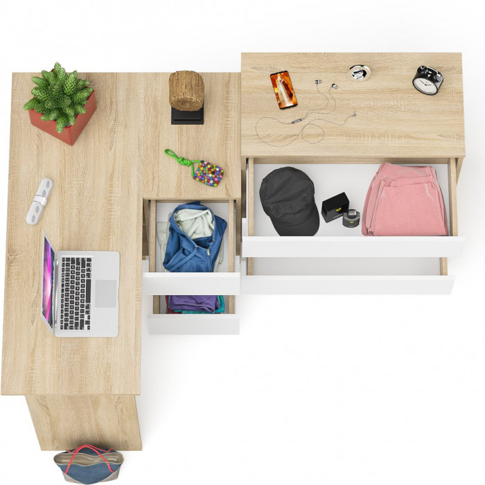 Мори Стол компьютерный МС-16 правый + Комод МК800.4, цвет дуб сонома/белый, ШхГхВ 204,8х84,9х94 см., выдвижные ящики справа, НЕ универс. сборка