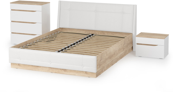 Муссон Кровать 11.28 + подъёмный ортопед + Тумба 16.03 + Комод 13.97, цвет белый/дуб эндгрейн элегантный/кожзам белый, сп. м. 1600х2000 мм., б/м