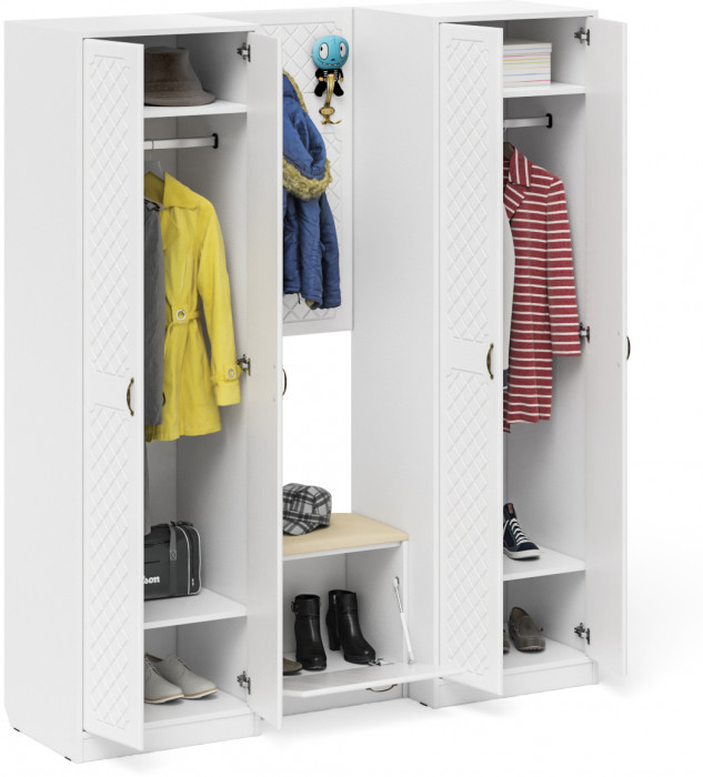 Прихожая П-6 Компоновка № 09, цвет белая шагрень/фасады МДФ белое дерево фрезеровка ромб, ШхГхВ 180х50х210 см., универсальная сборка